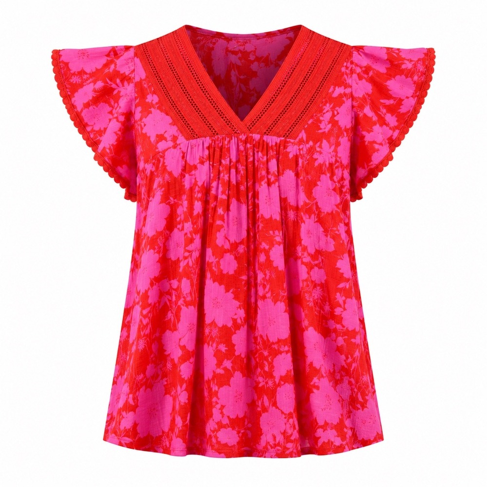 Absolutely Famous Flutter Sleeve Crochet V-Neck Top 1X orange‎ pink boho blouse